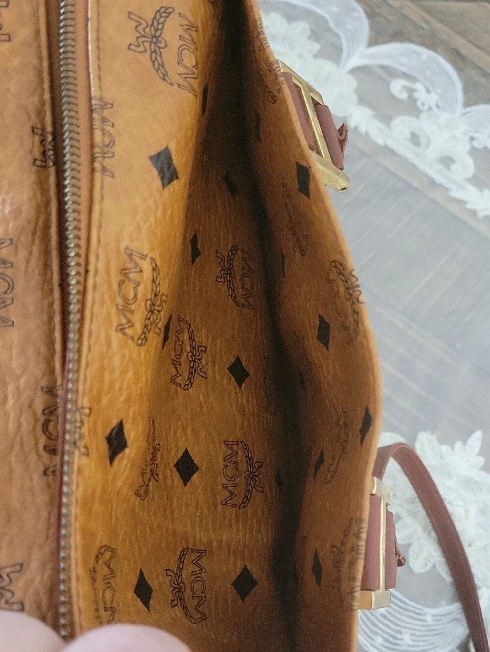 MCM Cognac Visetos Boston Satchel with Brown Accents